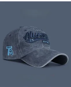 Detailed close-up of 3D embroidery and vintage washed denim texture on baseball cap