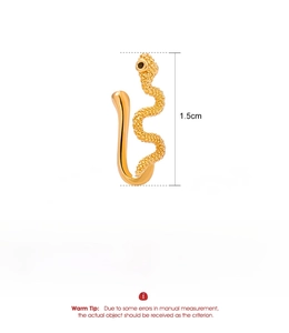 Detailed specs of golden snake faux nose ring with dimensions and copper material info