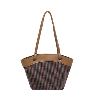 Brown plaid canvas bucket bag with premium leather trim and large capacity design