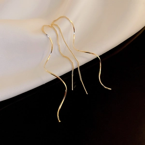 Elegant gold wavy S-curve tassel ear threader earrings with geometric metal lines