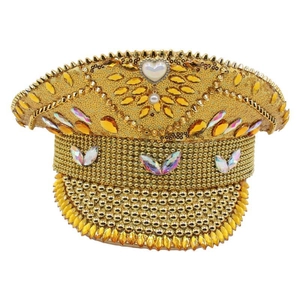 Sparkling gold bridal captain hat with sequins and yellow rhinestones for parties