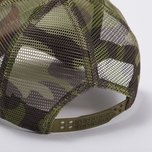 Camo mesh trucker hat featuring breathable rear panels and adjustable snapback closure