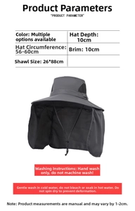 Detail view of dark grey sun hat showing 26x88cm neck cape and breathable mesh vents