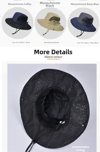 Detail of wide brim sun hat showing breathable mesh, chin strap, and various color options