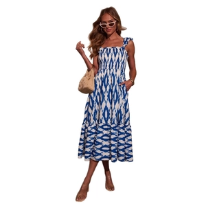 Summer blue and white floral print maxi dress with square neck and layered ruffle skirt