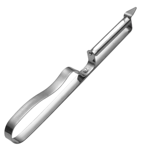 Durable stainless steel peeler with sharp blade and integrated potato eye remover tool