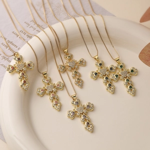 Cross Pendant Necklace Gold Plated Copper Colorful Zircon Heart Inlay Hip Hop Fashion Jewelry For Women