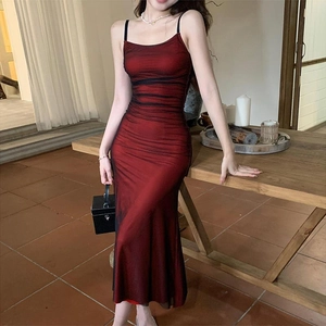Women Mesh Ruched Bodycon Maxi Dress Gradient Contrast Spaghetti Strap Slim Fit Fish Tail Hem Elegant Evening