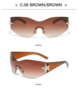 Detail view of Y2K rimless sunglasses with brown gradient lenses and silver star accents