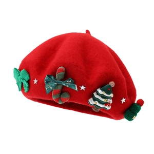 Red wool Christmas beret with festive tree, candy cane, and green bow decorations