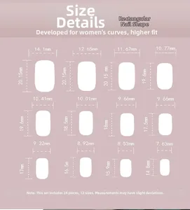 Size chart showing 24 pieces of cat eye press-on nails in 12 different dimensions