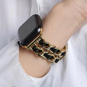 Golden metal chain watch band with black leather for Apple Watch SE/Ultra series