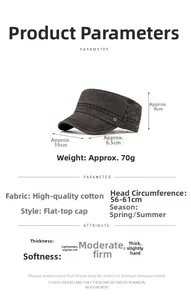 Detailed sizing chart and specifications for the cotton washed military flat top cap