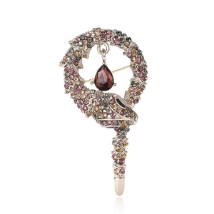 Luxury rhinestone snake brooch with red teardrop gem on a clean white background