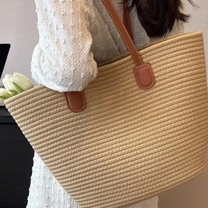 Hand-Woven Cotton Rope Straw Tote Bag Large Capacity Casual Beach Handbag With PU Leather Handles For Women
