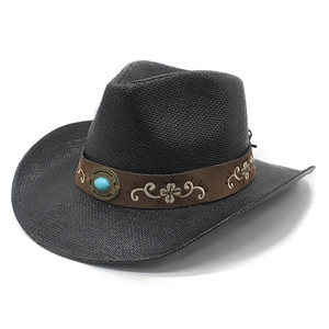 Western Cowboy Straw Hat Woven Paper Sun Protection Wide Brim Suede Band Turquoise Ethnic Embroidery Style Men Women