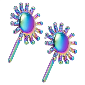 Detailed view of rainbow iridescent sunflower-shaped stud earrings in polished stainless steel