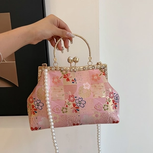 Floral Embroidered Evening Bag Brocade Satin Handbag With Metal Handle Artificial Pearl Chain Strap Retro Chinese Style Women