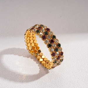 Three-layer gold-plated bracelet with multi-colored crystals in a geometric vintage style
