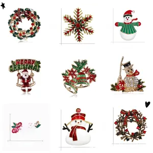 Collection of Christmas brooches with snowmen and wreaths in red and green enamel finish