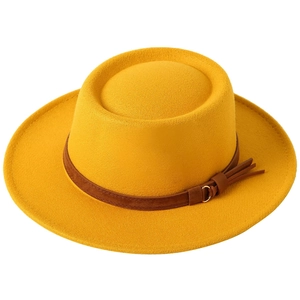 Yellow flat top wide brim wool felt hat with brown leather tassel band for winter fashion