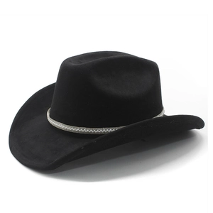 Classic black faux suede wide brim western cowboy hat with silver beaded band decoration