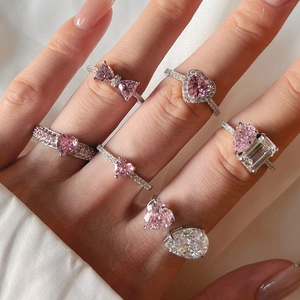 Bague en argent sterling S925 avec zircon rose en cœur et nœud sur la main