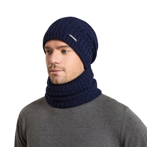 Navy blue winter knitted beanie and neck warmer set for men with fleece lining