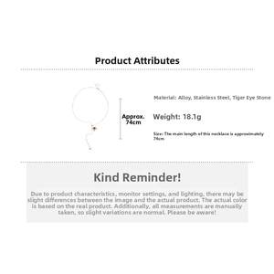 Detail showing tiger eye stone pendant specs with 74cm stainless steel chain dimensions