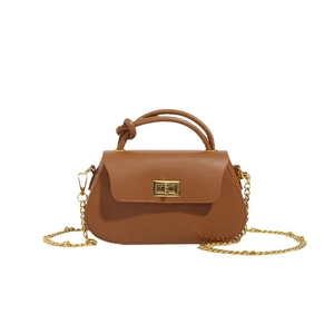 Caramel faux leather small square handbag with knotted handle and gold chain strap