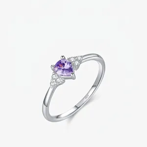 Elegant 925 Sterling Silver Ring With Purple Heart Cubic Zirconia Waterdrop Shape Luxury Jewelry Gift For Women