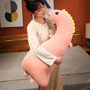Pink plush dinosaur body pillow with yellow scales, soft long stuffed animal for girls