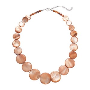 Bohemian gradient shell beaded necklace with bronze round discs and adjustable metal clasp