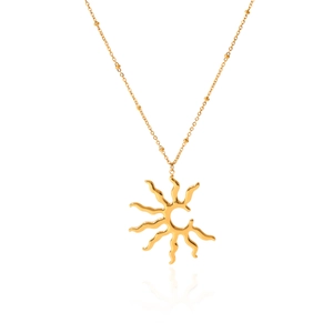 Detailed close-up of golden sun pendant necklace with beaded chain on white background