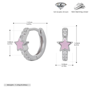 Detailed size specifications for S925 sterling silver pink star earrings with zircon stones