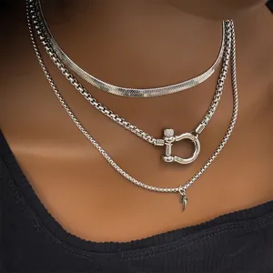 Three-layer silver stainless steel necklace set with snake chain and horseshoe clasp
