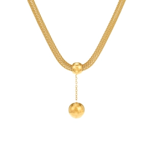 14K gold plated layered snake chain necklace with double ball pendants on white background