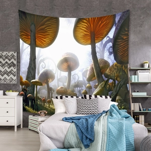 Detailed view of fantasy forest mushroom tapestry hanging on a modern bedroom wall