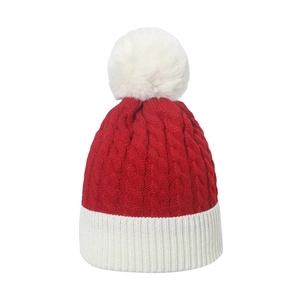 Red and white knit Christmas hat with pompom and chunky cable knit texture