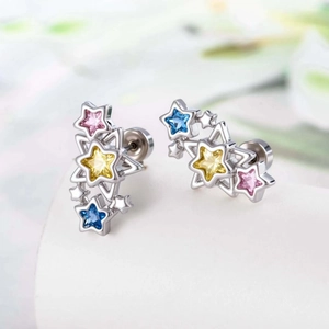 Orecchini a perno a pentagramma con stelle in zircone colorato rosa, blu e giallo