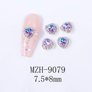 Detail of blue-purple gradient heart nail rhinestone with crystals and 7.5x8mm size marker