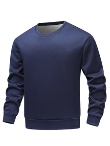 Men's navy blue crewneck fleece sweatshirt with ribbed cuffs on white background