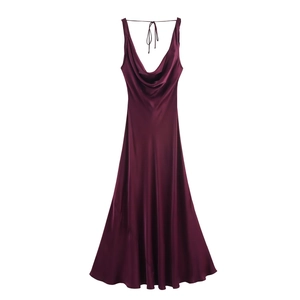 Elegant deep red satin cowl neck slip dress with stylish back lace-up straps