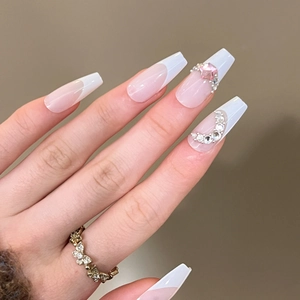 French White Tip Nude Press On Nails Long Coffin Fake Nails With Rhinestone Stars Moon Design For Women DIY Manicure JP2996