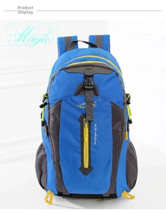 Front view of a blue outdoor travel backpack with yellow zippers and deep grey side panels