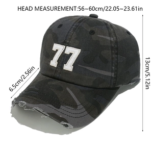 Detailed size specifications for distressed camouflage baseball cap with 77 embroidery