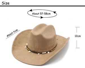 Detail of faux suede cowboy hat with braided cord, wood beads, and shell ornaments