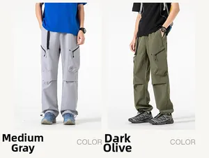 Detail of cargo pants showing multi-pocket design and adjustable drawstring hem features