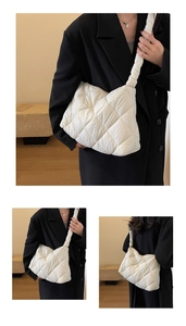Detailed views of the white quilted crossbody bag with stylish large capacity puffy design