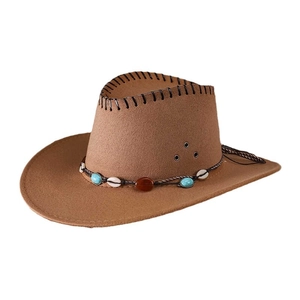 Classic brown felt cowboy hat with bohemian beaded band and wide brim for sun protection